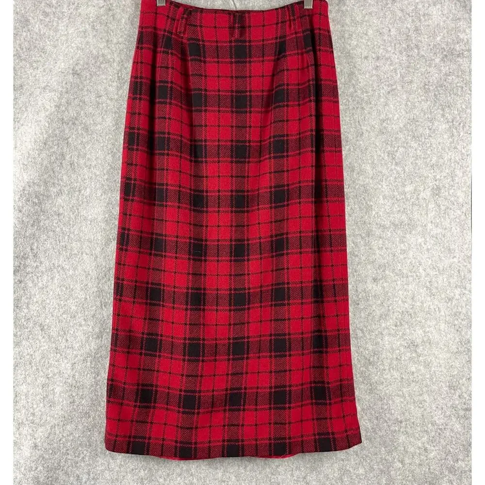 Vintage‎ Breeches Wool Blend Wrap Skirt Womens 12 Red Plaid Fringe Holiday USA